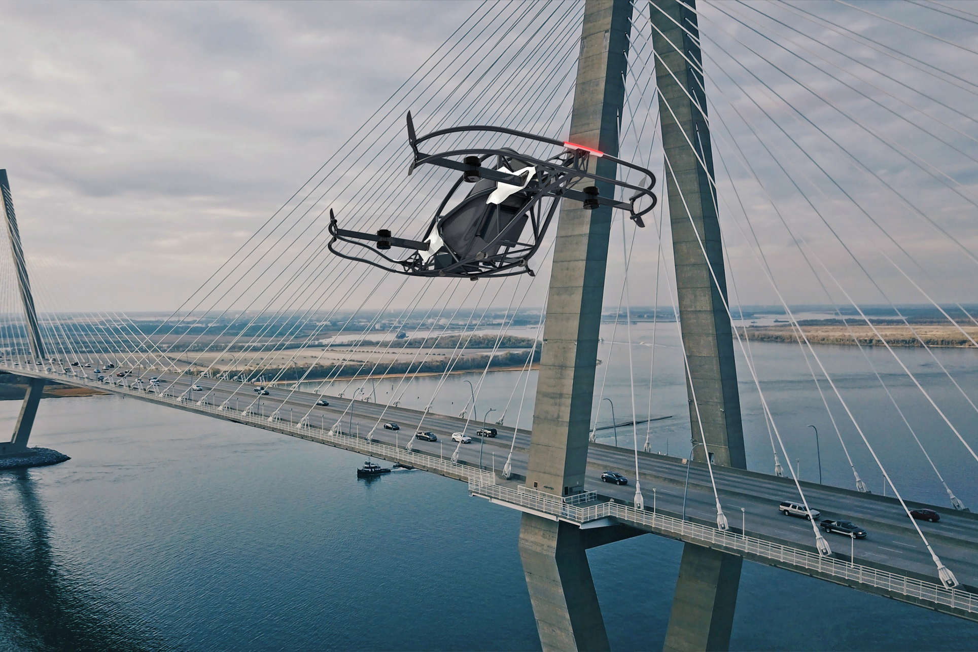 Jetson ONE flying next to bridge. Jetson ONE flying next to bridge.